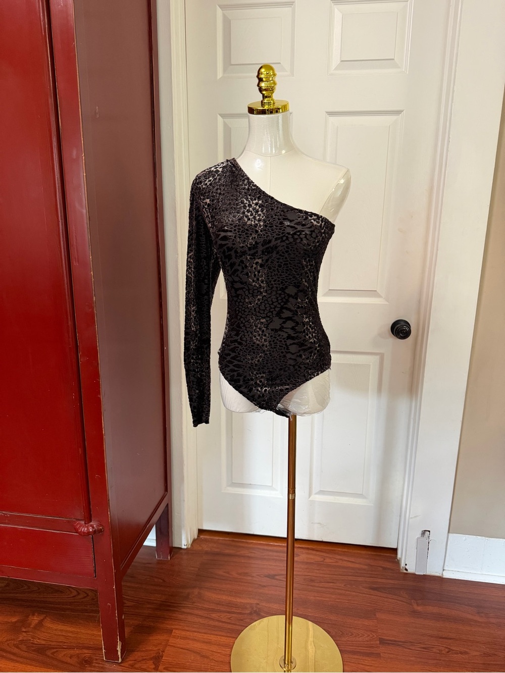 Guess One-Shoulder Black Lace Bodysuit with Long Sleeve